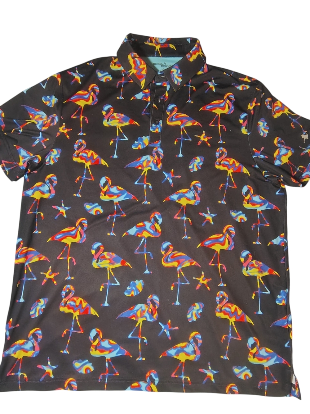 Birdie Bound Men's Flamingo Stretch Golf Polo Shirt Black Multicolor Size L